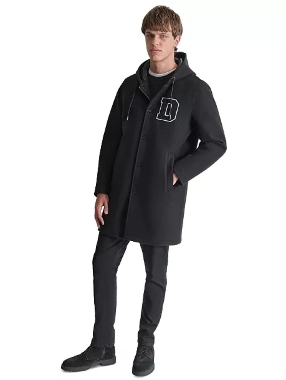 DKNY Men's Tufted-Chenille Logo Appliqué Long Hooded Stadium Coat In Black Sz M